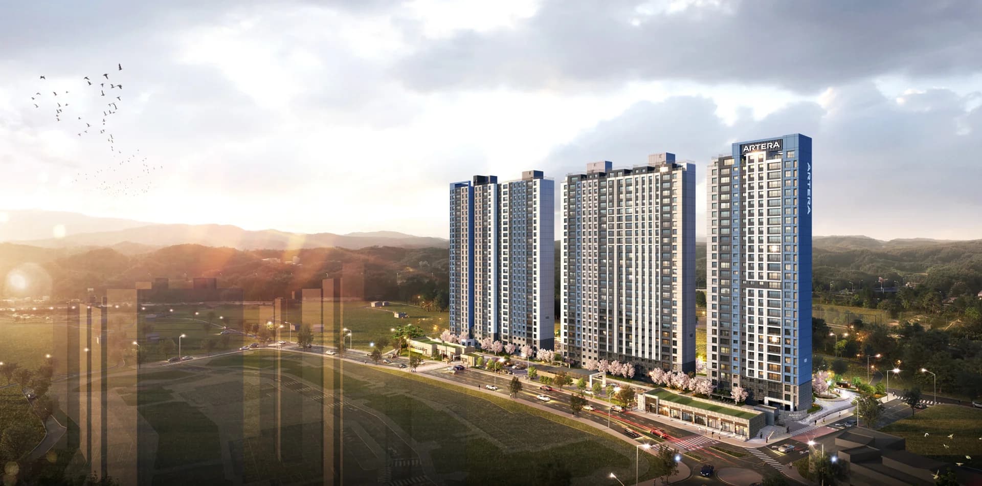 강릉 아테라 단지 외관 조감도 — 강릉시 회산동 536번지 일원, 지하 2층 지상 17~28층 3개동 329세대