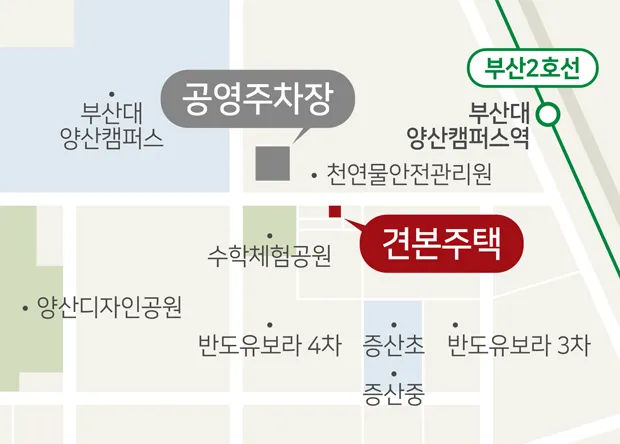 힐스테이트 양산더스카이 모델하우스 약도 — 부산 2호선 부산대양산캠퍼스역 인근, 공영주차장 위치