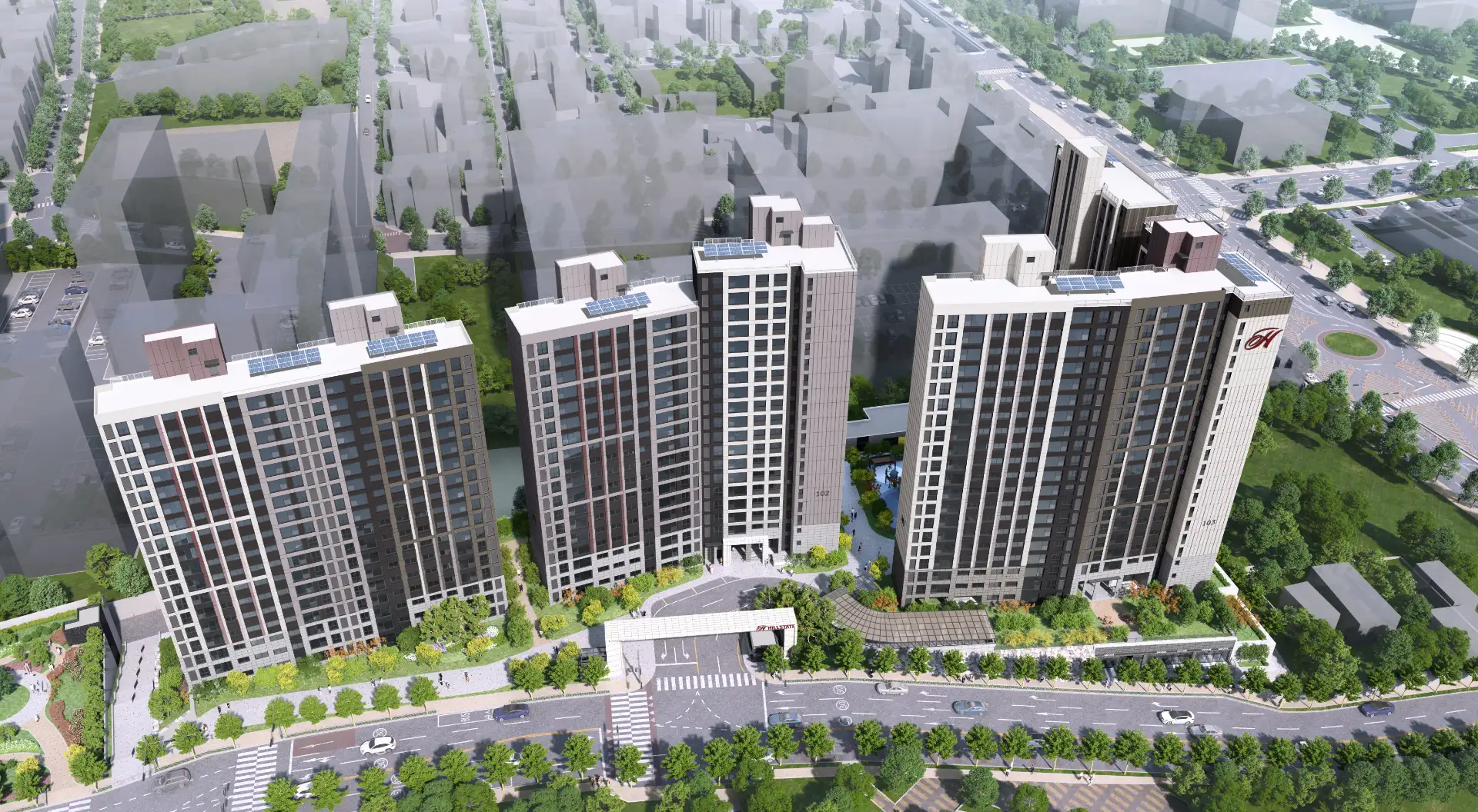 힐스테이트 양산더스카이 항공 조감도 — 8개동 598세대 단지 전경